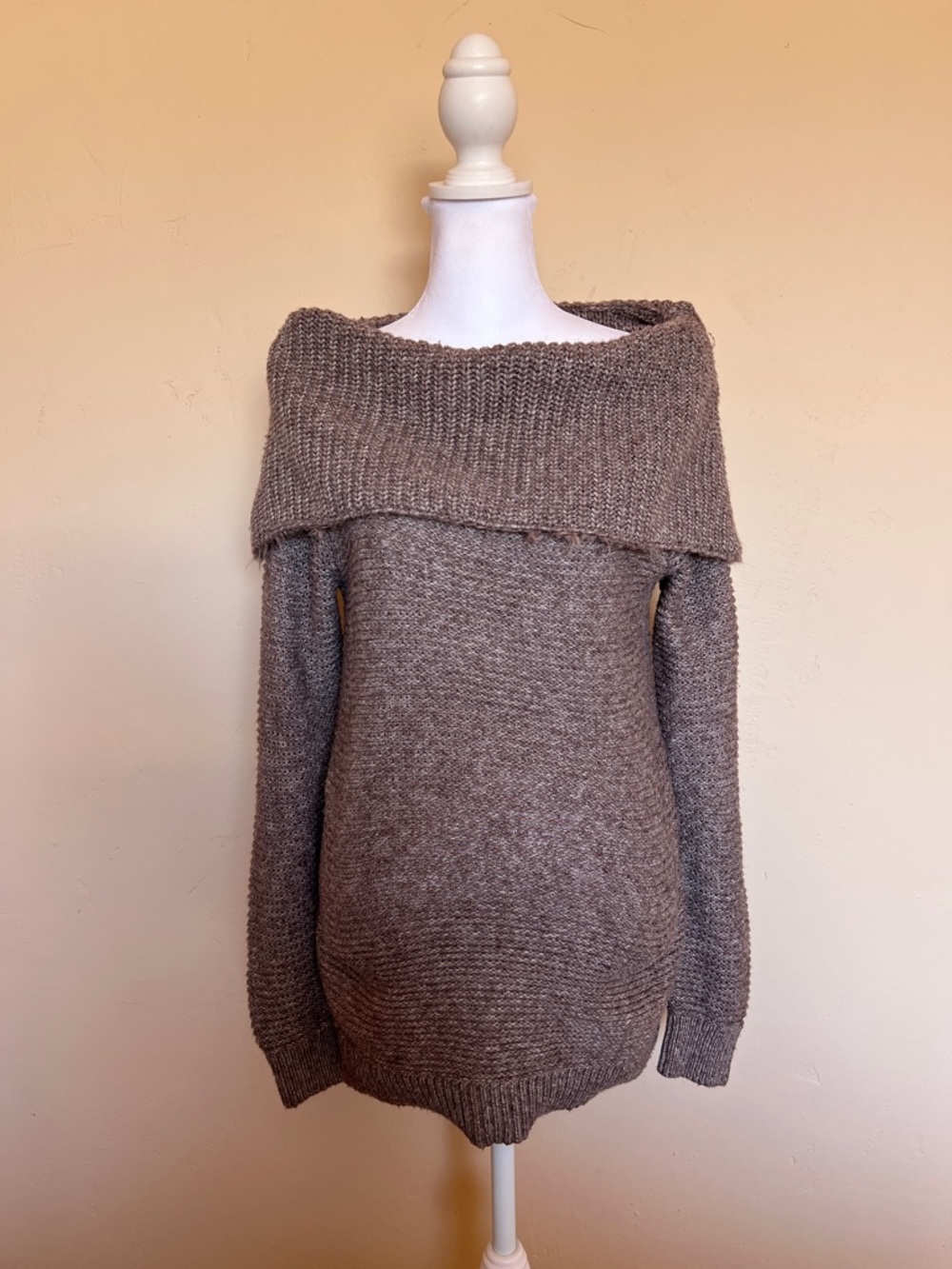 Cozy Off-Shoulder Taupe Knit Sweater